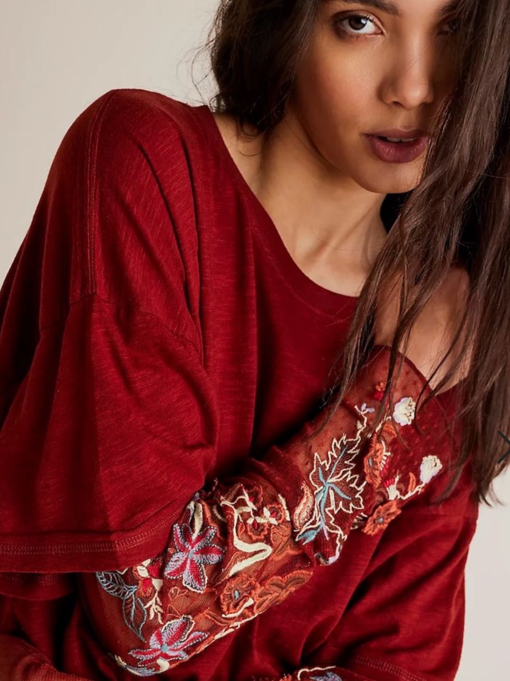 NWOT FREE PEOPLE Deep Red Gardner Embroidered Twofer Tee SOLD OUT SZ: L